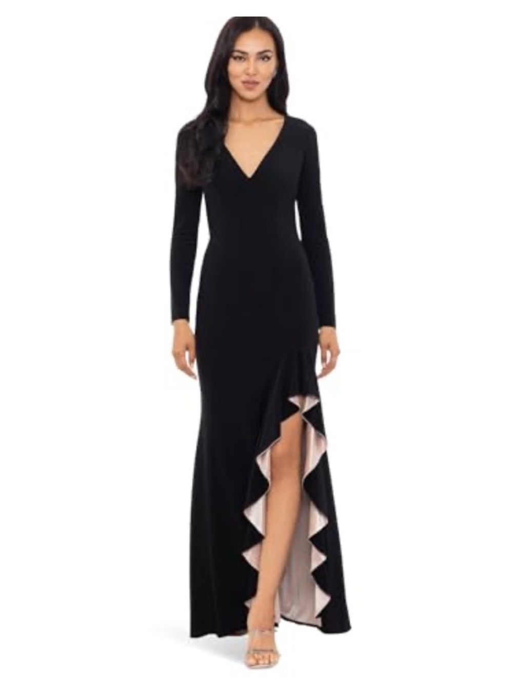 Xscape NWT Long Sleeve Deep V-Neck Floor Lengh Ruffle Nude Lining Dress Size 14